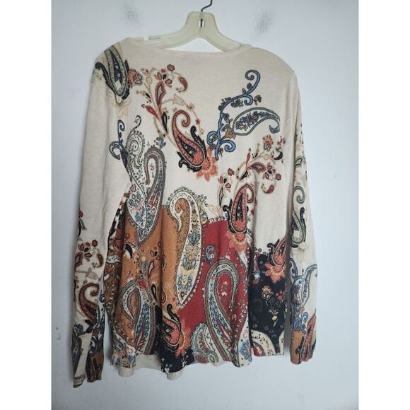 Chico's Cream Beige w/Brown Blue Red Tapestry Print Pullover Sweater size Large - Picture 6 of 8